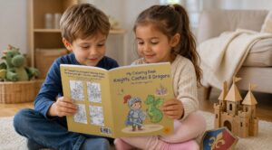 Two children read My Coloring Book Knights, Castles & Dragons on a carpet beside a plush dragon, a wooden toy castle, and a decorative shield