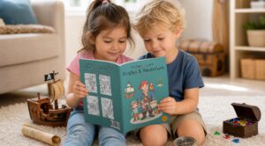 Two children read My Coloring Book Pirates & Adventure on a carpet beside a toy pirate ship, a rolled treasure map, a compass, and an open treasure chest with colorful toy gems