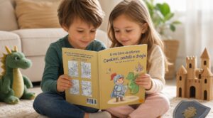 Due bambini sfogliano un libro da colorare con un cavaliere e un drago, seduti sul tappeto accanto a un castello giocattolo, uno scudo e un drago di peluche.