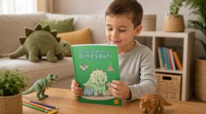 Un bambino tiene Il mio libro da colorare Dinosauri davanti a sé, seduto a un tavolo con matite colorate, un tirannosauro giocattolo, un triceratopo giocattolo e un grande peluche a forma di stegosauro sul divano.