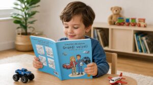 Un bambino sfoglia un libro da colorare sui veicoli seduto a un tavolo, con un monster truck giocattolo e un aeroplano giocattolo, mentre sullo sfondo si vedono un trenino e altri giochi.