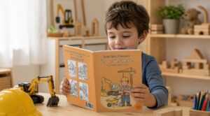 Un bambino sfoglia un libro da colorare sul cantiere seduto a un tavolo, con un elmetto giallo, un escavatore giocattolo e altri giochi da costruzione nella stanza.