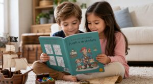 Due bambini sfogliano un libro da colorare sui pirati seduti sul tappeto, con una nave pirata giocattolo, una mappa arrotolata, una bussola e uno scrigno con pietre colorate.
