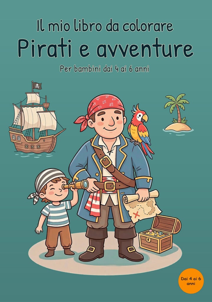 il-mio-libro-da-colorare-pirati-avventure-copertina Copertina verde acqua del libro sui pirati con un capitano, un piccolo pirata con cannocchiale, un pappagallo, una nave, un’isola con palma, una mappa e uno scrigno del tesoro.