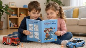 Due bambini tengono aperto Il mio libro da colorare Pompieri e polizia seduti sul tappeto, con un camion dei pompieri, un’auto della polizia e due coni giocattolo.