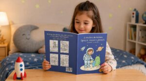 Una bambina sfoglia un libro da colorare sullo spazio seduta a un tavolo, con un razzo giocattolo, matite colorate e una cameretta decorata con stelle e un cuscino a forma di luna.