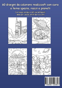 Quarta di copertina blu con quattro esempi: un razzo al decollo, due astronauti in un veicolo sotto un grande pianeta con anelli, una base spaziale con astronauti e moduli, e un astronauta con un piccolo alieno tra edifici arrotondati.