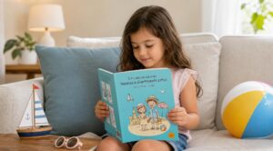 Una bambina sfoglia un libro da colorare sulle vacanze seduta su un divano, con un modellino di barca a vela, occhiali da sole e un pallone da spiaggia.