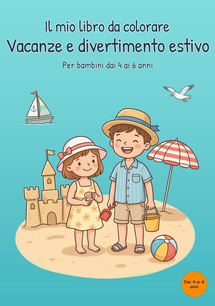 il-mio-libro-da-colorare-vacanze-divertimento-estivo-copertina Copertina turchese di un libro da colorare sulle vacanze con due bambini sulla spiaggia accanto a un castello di sabbia, un ombrellone e un pallone, con una barca a vela e un gabbiano.