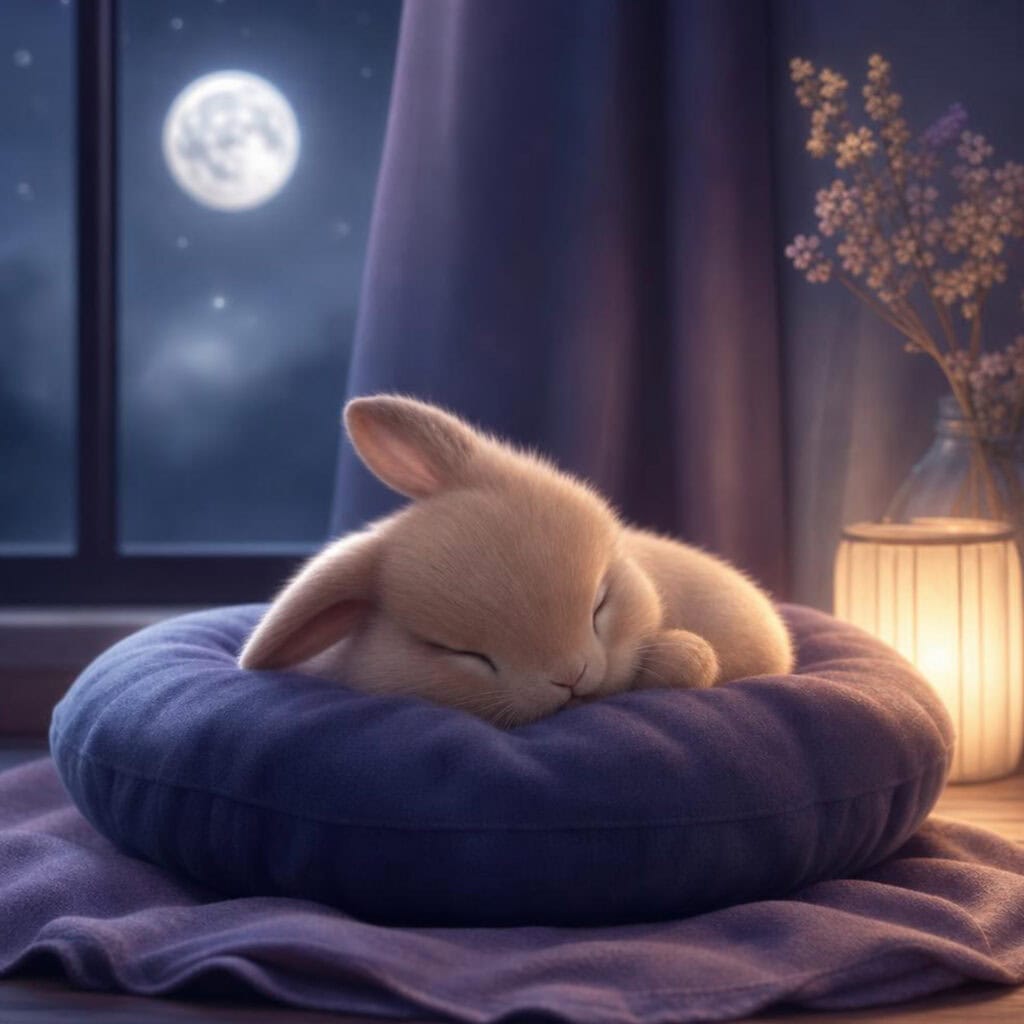 Schlafendes Kaninchen auf dunkelblauem Kissen vor einem Fenster mit Vollmond – Little Dreamers: Moonlight Lullabies for Kids, Vol. 1
