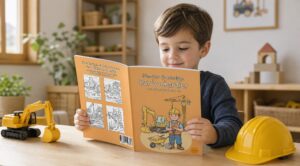 Un enfant assis à une table regarde un livre de coloriage sur le chantier, avec un casque jaune et plusieurs engins de chantier miniatures autour de lui.