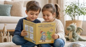 Deux enfants assis sur un tapis regardent ensemble un livre de coloriage sur les chevaliers, les châteaux et les dragons, avec un dragon en peluche, un château en bois et un bouclier autour d’eux.