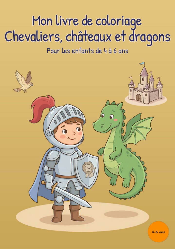 Couverture jaune montrant un jeune chevalier en armure avec une épée et un bouclier, un dragon vert, un château et un oiseau en vol.