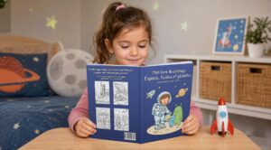 Un enfant assis à une table regarde un livre de coloriage sur l’espace, avec une petite fusée à côté, des feutres au premier plan et des coussins en forme d’étoile et de lune à l’arrière-plan.