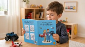 Un enfant assis à une table regarde un livre de coloriage sur les véhicules, avec un monster truck miniature et un avion de ligne miniature au premier plan.