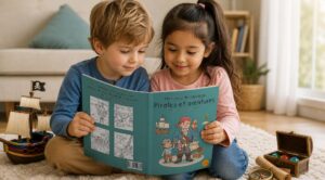 Deux enfants assis sur un tapis regardent un livre de coloriage sur les pirates, entourés d’un bateau pirate miniature, d’une carte roulée, d’un coffre au trésor et d’une boussole.