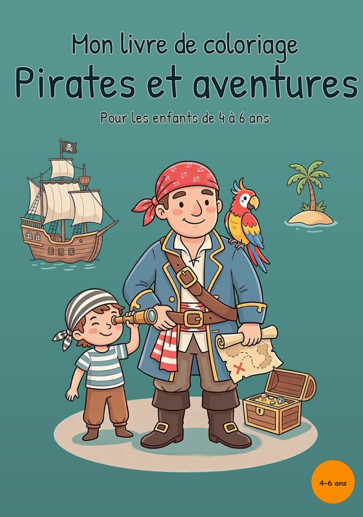 livre-coloriage-pirates-premiere-couverture Couverture turquoise avec un pirate, un jeune pirate à la longue-vue, un perroquet, un navire pirate, une petite île, une carte et un coffre au trésor.