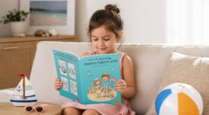 Une enfant assise sur un canapé regarde un livre de coloriage sur les vacances, avec un voilier miniature, des lunettes de soleil et un ballon de plage autour d’elle.
