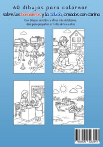 Contraportada azul de Mi libro para colorear Bomberos y policía con cuatro dibujos de muestra: dos bomberos retirando ramas de la calzada, un bombero apagando un pequeño fuego, una agente de policía atendiendo a una mujer en un mostrador y una embarcación junto a una pequeña lancha cerca de un muelle.