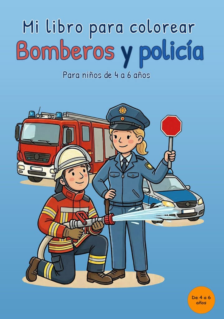 mi-libro-para-colorear-bomberos-policia-portada Portada azul de Mi libro para colorear Bomberos y policía con una figura de bombero arrodillada con una manguera, una agente de policía con una señal de stop, un camión de bomberos y un coche de policía.