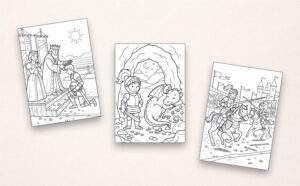 Tres dibujos para colorear muestran, de izquierda a derecha, un rey y una reina durante una ceremonia con un caballero arrodillado, un caballero junto a un pequeño dragón dormido entre tesoros en una cueva y dos caballeros a caballo en un torneo frente a un castillo.