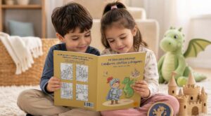 Dos niños miran un libro para colorear de caballeros, castillos y dragones sentados en una alfombra, junto a un dragón de peluche, un castillo de madera y un escudo de juguete.