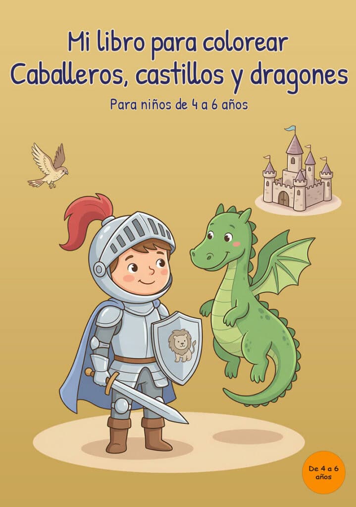mi-libro-para-colorear-caballeros-castillos-dragones-portada Portada en inglés de un libro para colorear de caballeros, castillos y dragones con un joven caballero armado con espada y escudo, un dragón verde, un ave y un castillo.