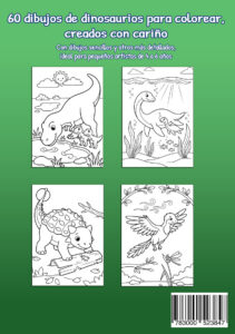 Contraportada verde de Mi libro para colorear Dinosaurios con cuatro ejemplos: un dinosaurio de cuello largo con dos crías junto al agua, dos reptiles marinos, un dinosaurio acorazado sobre un tronco y una criatura prehistórica emplumada en vuelo.