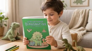 Un niño mira el libro Mi libro para colorear Dinosaurios en una mesa, junto a lápices de colores, dos dinosaurios de juguete y un dinosaurio de peluche.