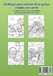 Contraportada verde de Mi libro para colorear En la granja con cuatro ejemplos: una vaca con su ternero, un tractor, una gallina junto a una cesta de huevos y un perro con un hueso bajo un gato.