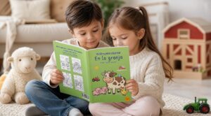 Un niño y una niña miran el libro Mi libro para colorear En la granja sentados en una alfombra, junto a una oveja de peluche, un granero de juguete y un tractor verde.