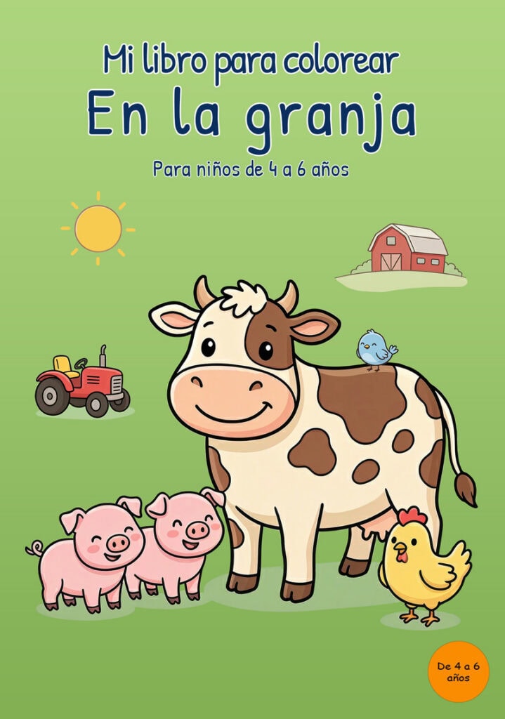 mi-libro-para-colorear-en-la-granja-portada Portada verde de Mi libro para colorear en la granja con una vaca, dos cerditos, una gallina, un pájaro azul, un tractor rojo, un granero y un sol.