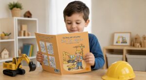 Un niño mira un libro para colorear sobre una obra sentado a una mesa, junto a un casco de construcción amarillo y una excavadora de juguete, con otros juguetes de construcción al fondo.