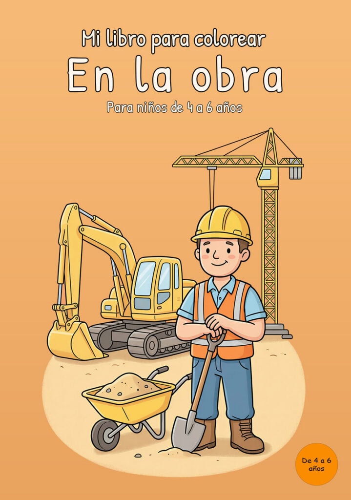 mi-libro-para-colorear-en-la-obra-portada Portada naranja en inglés de un libro para colorear sobre una obra con un trabajador con casco y chaleco reflectante, una excavadora, una grúa torre, una carretilla con arena y una pala.