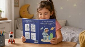 Una niña mira un libro para colorear del espacio en una habitación infantil, junto a un cohete de juguete y varios rotuladores, con cojines de luna y estrella al fondo.