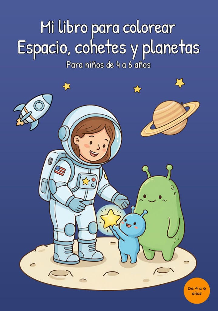 mi-libro-para-colorear-espacio-cohetes-planetas-portada Portada en inglés de un libro para colorear del espacio con una astronauta, dos extraterrestres simpáticos, un cohete, un planeta con anillos y varias estrellas.