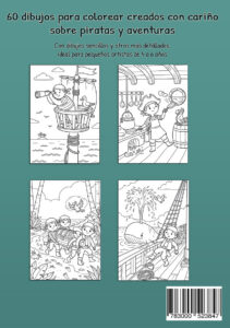 Contraportada verde azulado de un libro para colorear de piratas con cuatro dibujos de muestra: un vigía con catalejo, un cocinero a bordo, un grupo de piratas con un cofre y un pirata en la cubierta junto a una ballena.