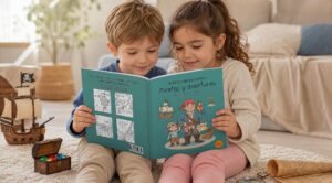 Dos niños miran un libro para colorear de piratas sentados en una alfombra, junto a un barco pirata de juguete, un mapa enrollado, una brújula y un cofre con piedras de colores.