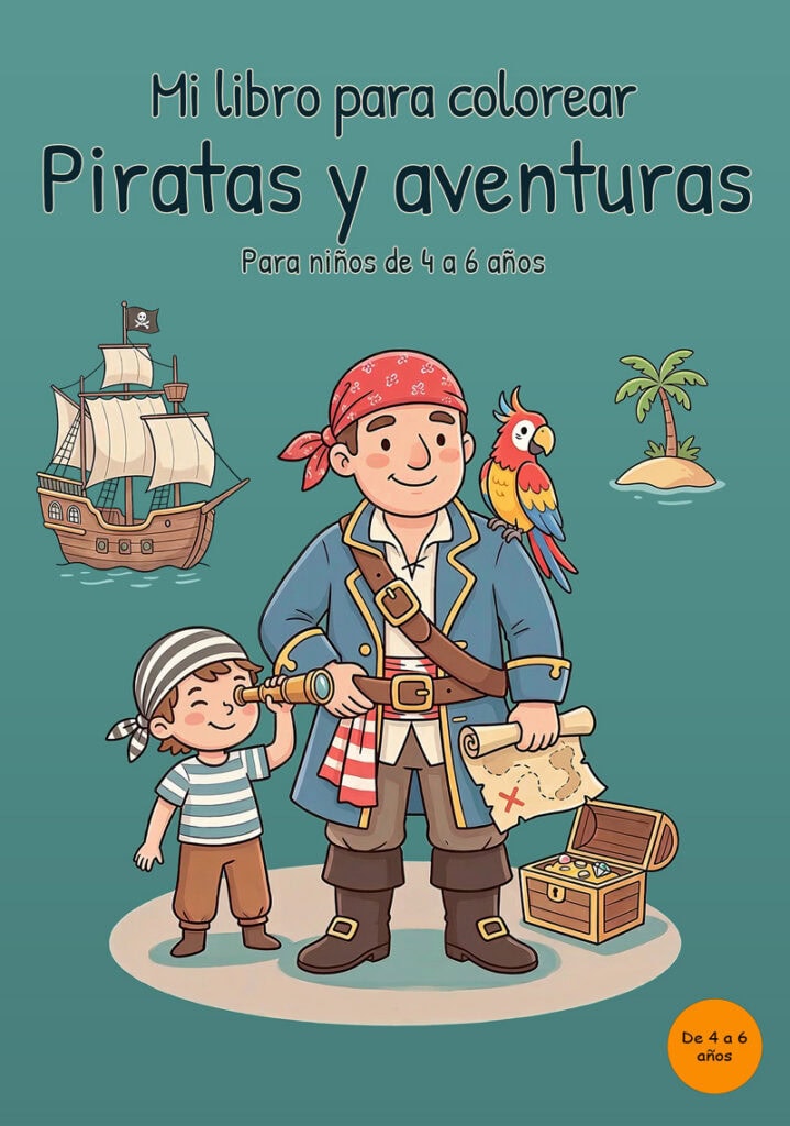 mi-libro-para-colorear-piratas-aventuras-portada Portada verde azulado de un libro para colorear de piratas con un pirata adulto, un niño con catalejo, un loro, un barco, una isla, un mapa y un cofre del tesoro.