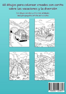 Contraportada turquesa en neerlandés de un libro para colorear sobre vacaciones con cuatro dibujos de muestra: una autocaravana en una carretera de montaña, una familia en una pequeña embarcación, una familia montando una tienda de campaña y un niño bajando por un tobogán acuático.