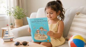 Una niña mira la edición neerlandesa de un libro para colorear sobre vacaciones sentada en un sofá, junto a un velero de madera, unas gafas de sol y un balón de playa.