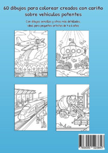 Contraportada azul en inglés de un libro para colorear sobre vehículos con cuatro dibujos de muestra: un avión contraincendios descargando agua sobre un bosque, un submarino entre peces y corales, un tren de alta velocidad en una estación y una hormigonera trabajando en una obra.