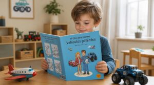 Un niño mira la edición en inglés de un libro para colorear sobre vehículos sentado a una mesa, junto a un monster truck y un avión de juguete.