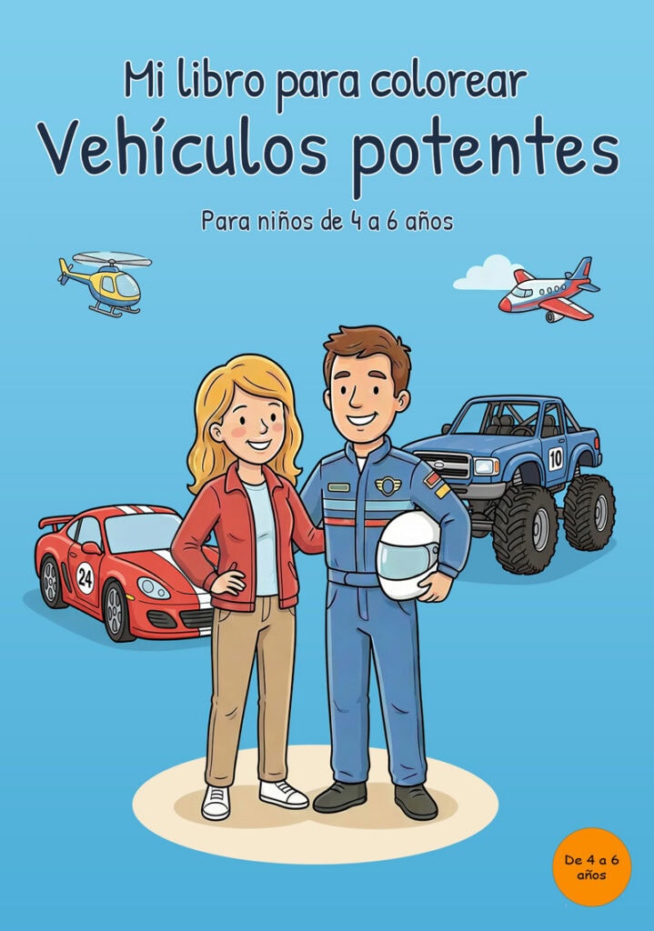 mi-libro-para-colorear-vehiculos-potentes-portada_ Portada azul en inglés de un libro para colorear sobre vehículos con una mujer y un hombre con mono azul sosteniendo un casco, un coche de carreras, un monster truck, un helicóptero y un avión.