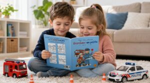 Twee kinderen bekijken samen Mijn kleurboek Brandweer en politie op het tapijt; naast hen staan een speelgoedbrandweerwagen, een speelgoedpolitieauto en drie verkeerskegels.