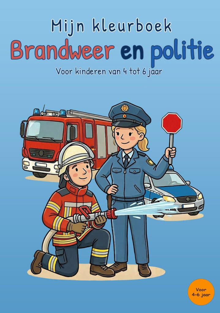 Lichtblauwe voorkant van Mijn kleurboek Brandweer en politie met een brandweerlid met brandslang, een politieagente met stopbord, een brandweerwagen en een politieauto.