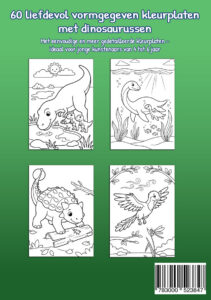 Groene achterkant van Mijn kleurboek Dinosaurussen met vier voorbeeldkleurplaten: een langhals met twee jonge dinosaurussen, twee zeereptielen, een gepantserde dinosaurus bij een boomstam en een gevederd oerdier in de lucht.