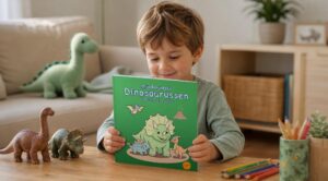 Een kind bekijkt Mijn kleurboek Dinosaurussen aan tafel, met twee dinosaurusfiguren, kleurpotloden en een pluchen langnek in de kamer.