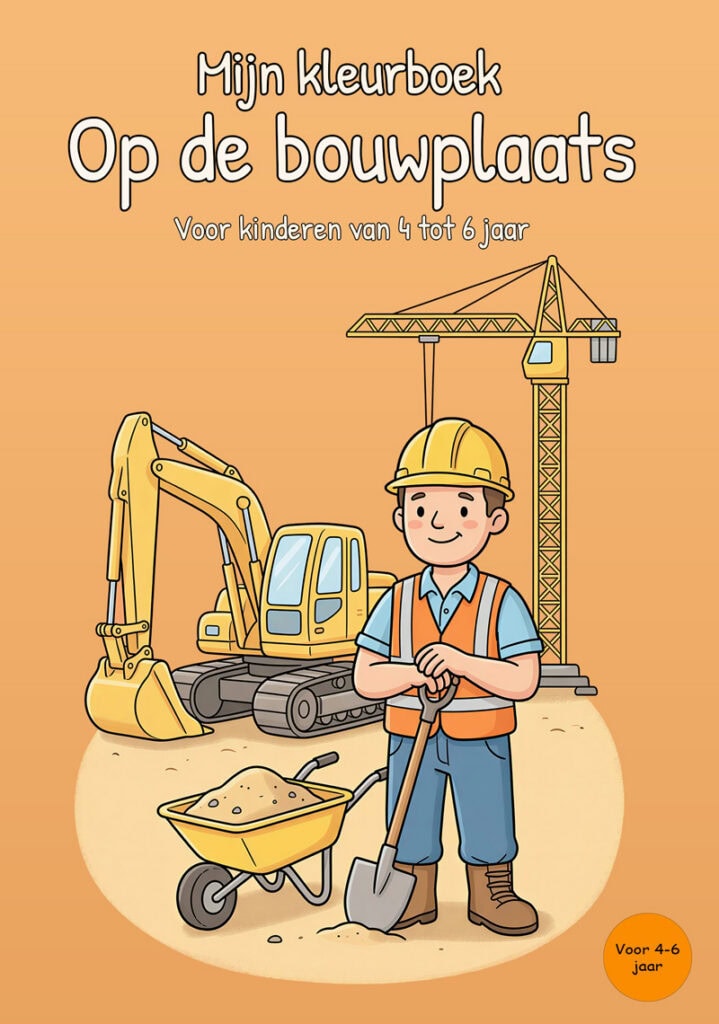 Oranje voorkant van een kleurboek over de bouwplaats met een bouwvakker, een graafmachine, een hoge bouwkraan, een kruiwagen en een schop.
