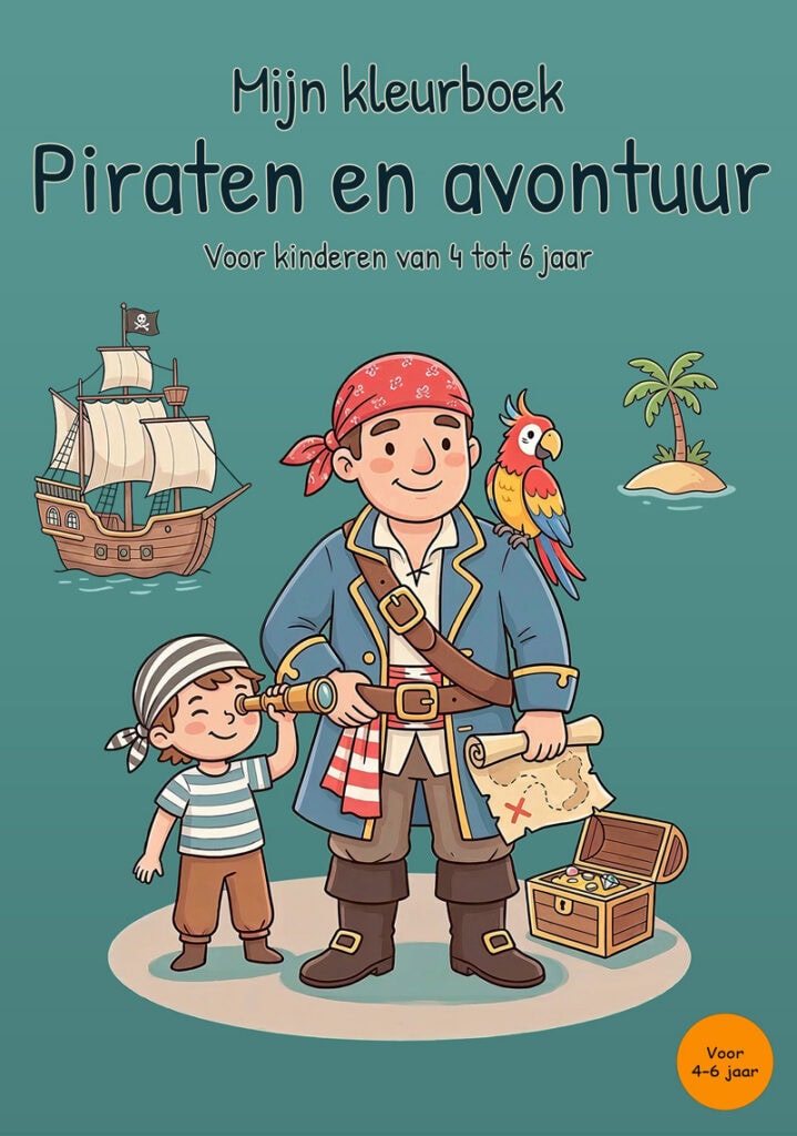 Turquoise voorkant van een piratenkleurboek met een piratenkapitein, een jonge piraat met verrekijker, een papegaai, een piratenschip, een palmeiland, een schatkaart en een open schatkist.